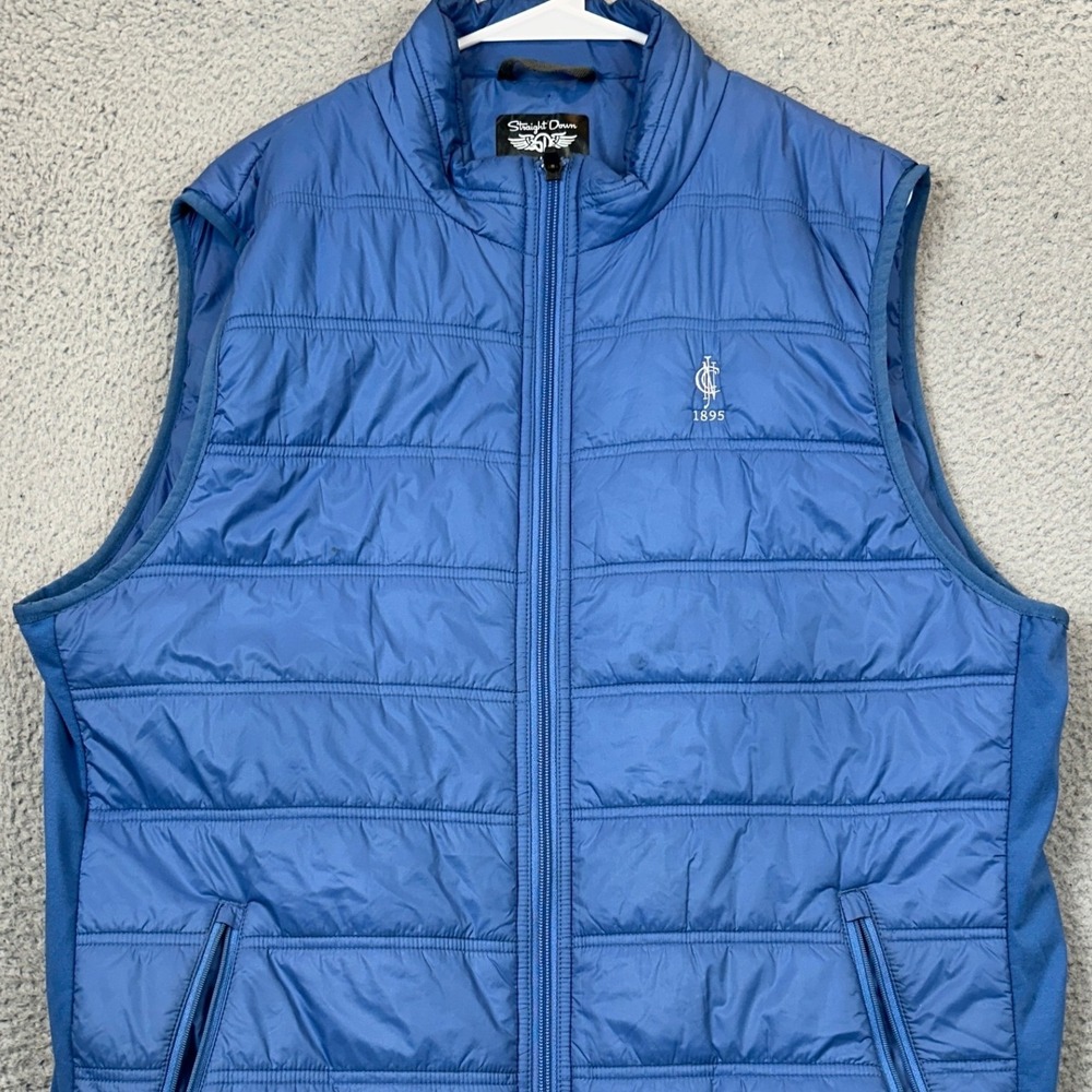 Straight Down Vest Mens Large Puffer Blue Full Zip Quilted Golf Sleeveless EUC